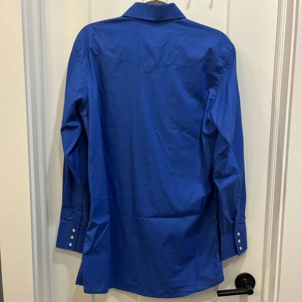 White Horse Mens Long Sleeve Western Pearl Snap Shirt Solid Blue Size Medium